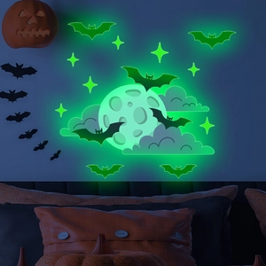 Luminous Halloween wall stickers set with green glowing moon, bats and stars for bedroom