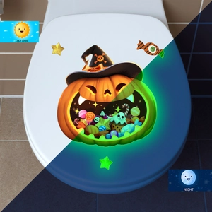 Luminous Halloween pumpkin wall sticker showing day and night glowing effect comparison