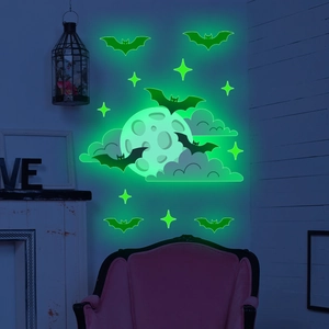 Luminous Halloween wall stickers with green glowing moon, bats and stars for dark room decor