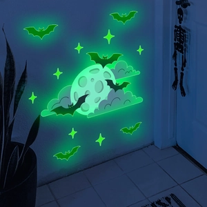 Luminous Halloween wall stickers with glow-in-the-dark green bat and full moon decals
