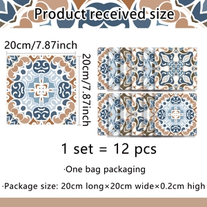 Macro detail of retro mandala tile stickers featuring teal and brown geometric patterns