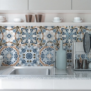 Waterproof Moroccan style tile stickers for kitchen backsplash decoration in blue and brown