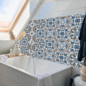 Detailed view of self-adhesive retro Moroccan tiles in a bright bathroom setting