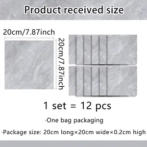 Size chart showing 12-piece marble pattern tile stickers each measuring 20x20 cm