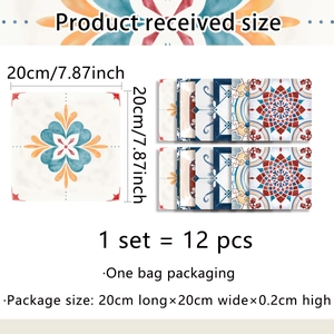 Detail showing set of 12 vintage Mediterranean mandala pattern tile stickers 20x20cm