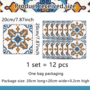 Detail of 12-piece Mediterranean geometric tile stickers set in blue and orange colors