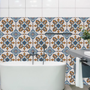 Retro Mediterranean mandala tile stickers for bathroom wall decoration in blue and orange