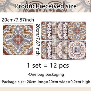 Detailed specs of 20x20cm mandala retro tile stickers with vintage geometric patterns