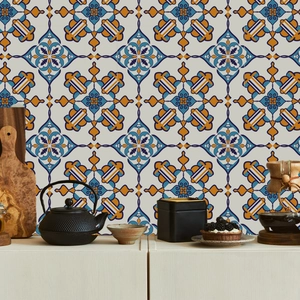 Detail of vintage blue and yellow geometric marble tile wall stickers in a kitchen setup