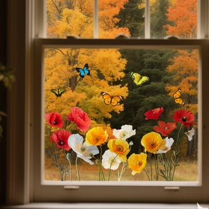 Detail von beidseitig sichtbaren Blumen- und Schmetterlings-Fensteraufklebern