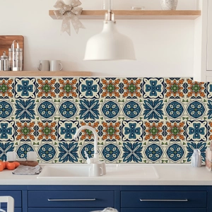 Retro Mediterranean tile stickers with blue and orange geometric floral patterns for kitchen