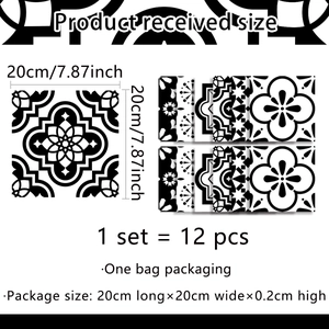 Detail showing dimensions and 12-piece set of Moroccan style black and white tile stickers