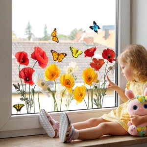 Mohnblumen und Schmetterlinge Fensterbilder für Glasdekoration im Kinderzimmer statisch