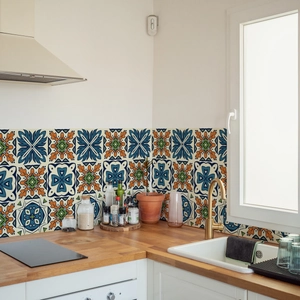 Retro geometric marble pattern tile stickers applied to kitchen backsplash wall decor
