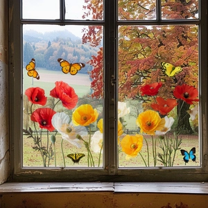 Doppelseitige Blumen-Fensterbilder mit bunten Schmetterlingen auf Glasrahmen