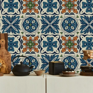 Retro Mediterranean floral wall stickers for kitchen with vintage geometric blue patterns