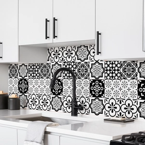 Monochrome geometric tile stickers with bohemian patterns for kitchen backsplash décor