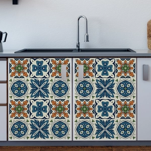 Moroccan style waterproof PVC wall stickers on kitchen cabinet doors with floral patterns