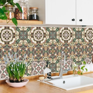 Retro Mediterranean mandala wall stickers with dark green teal geometric tile patterns