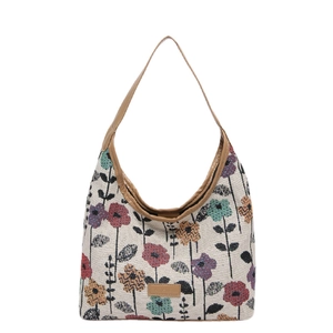 Sac cabas en toile tissée à motif floral avec bandoulière en cuir marron vintage
