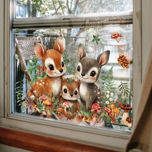 Autocollants de fenêtre forêt avec cerfs et champignons pour décoration de vitres