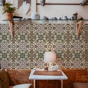 Detailed view of vintage marble tiles with bohemian patterns in a home interior setting
