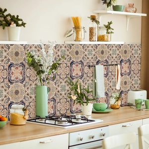 Vintage Mediterranean tile stickers for kitchen backsplash with mandala geometric patterns
