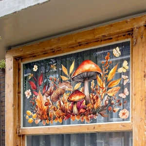 Stickers de fenêtre aquarelle d'automne avec champignons, abeilles et feuilles mortes