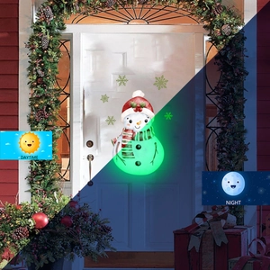 Luminous Christmas snowman wall stickers shown in daytime and glowing night effects