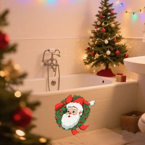 Luminous Santa Claus wall sticker applied on a white bathtub with festive holiday background