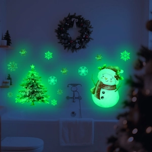 Luminous Christmas wall stickers with glow-in-the-dark snowman, tree and snowflakes decor