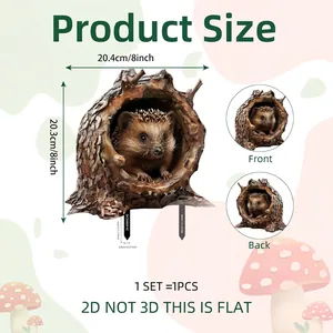 Size chart for flat 2D hedgehog garden stake with precise measurements and design details