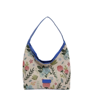 Floral embroidered brocade hobo bag with blue leather trim and large capacity