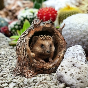 Detailed resin hedgehog figurine popping out of a wood-textured stump in a garden setting
