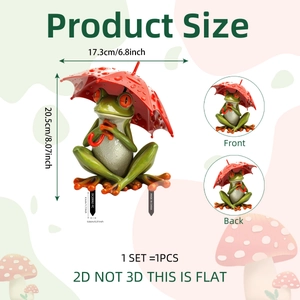 Detailed view of 2D frog garden stake with red umbrella and precise size specifications