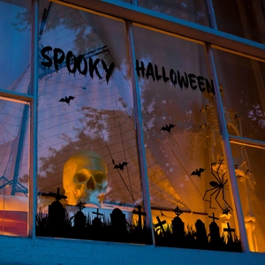Halloween window decals set with black bats, gravestones and Spooky Halloween text