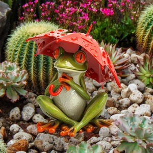Creative green frog garden stake with red umbrella and realistic water drops