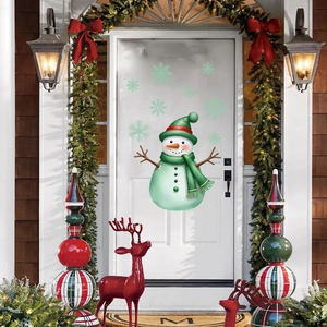 Luminous Christmas snowman wall stickers set with green scarf and snowflakes for home decor