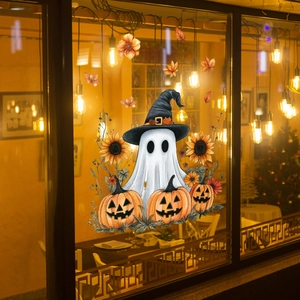 Ghost with wizard hat and pumpkin window decals on a warm cafe glass window background