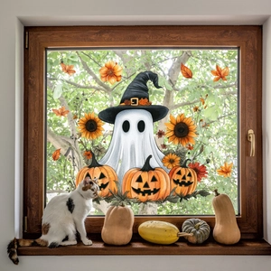 Halloween window clings featuring ghosts, pumpkins and maple leaves in cozy indoor setting