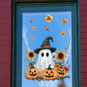 Halloween window decals with ghost, pumpkins and autumn leaves on a glass window