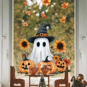 Halloween window stickers featuring ghosts, pumpkins and sunflowers for home decoration