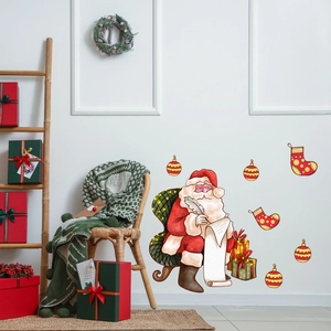 Detailed Christmas wall stickers featuring Santa, festive ornaments, and stockings on wall
