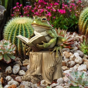 Garden frog reading on tree stump statue, decorative ornament for lawn landscape decor