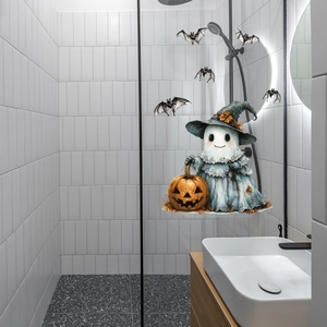 Ghost with wizard hat and pumpkin window sticker on white tiles in a modern bathroom scene