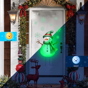 Detailed comparison of luminous Christmas snowman stickers in daytime and glowing at night