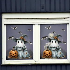 Close-up of cute ghost and pumpkin window decals on white frames with blue background