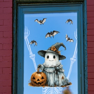 Halloween window clings set with ghost in witch hat, pumpkin and bats on blue window pane