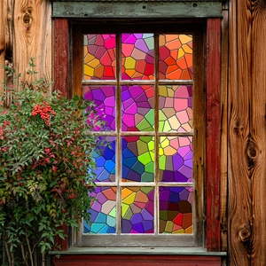 Detail of colorful geometric mosaic window film with stained glass effect on wooden frame