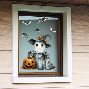 Ghost with wizard hat, carved pumpkin and bat decals on glass window for Halloween decor